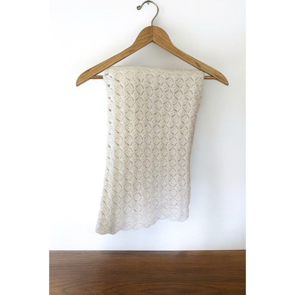 Crochet Knit White Baby Granny Afghan Throw Blanket Vintage Nursery Decor